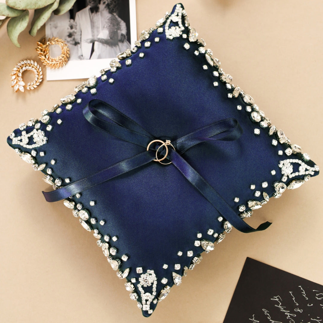 Wedding Pillow For Rings In Navy Blue