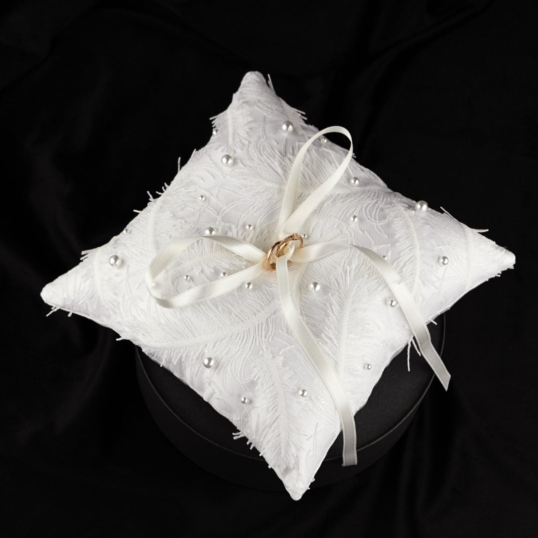 White Wedding Pillow For Rings With White Pearls
