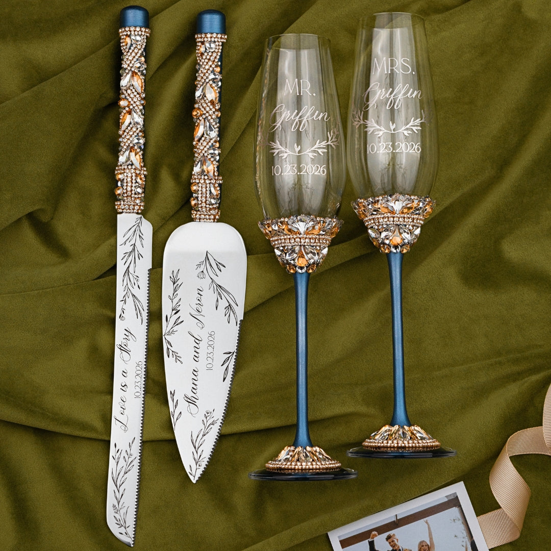Flutes Ivy & Cake Set Navy with Light Gold