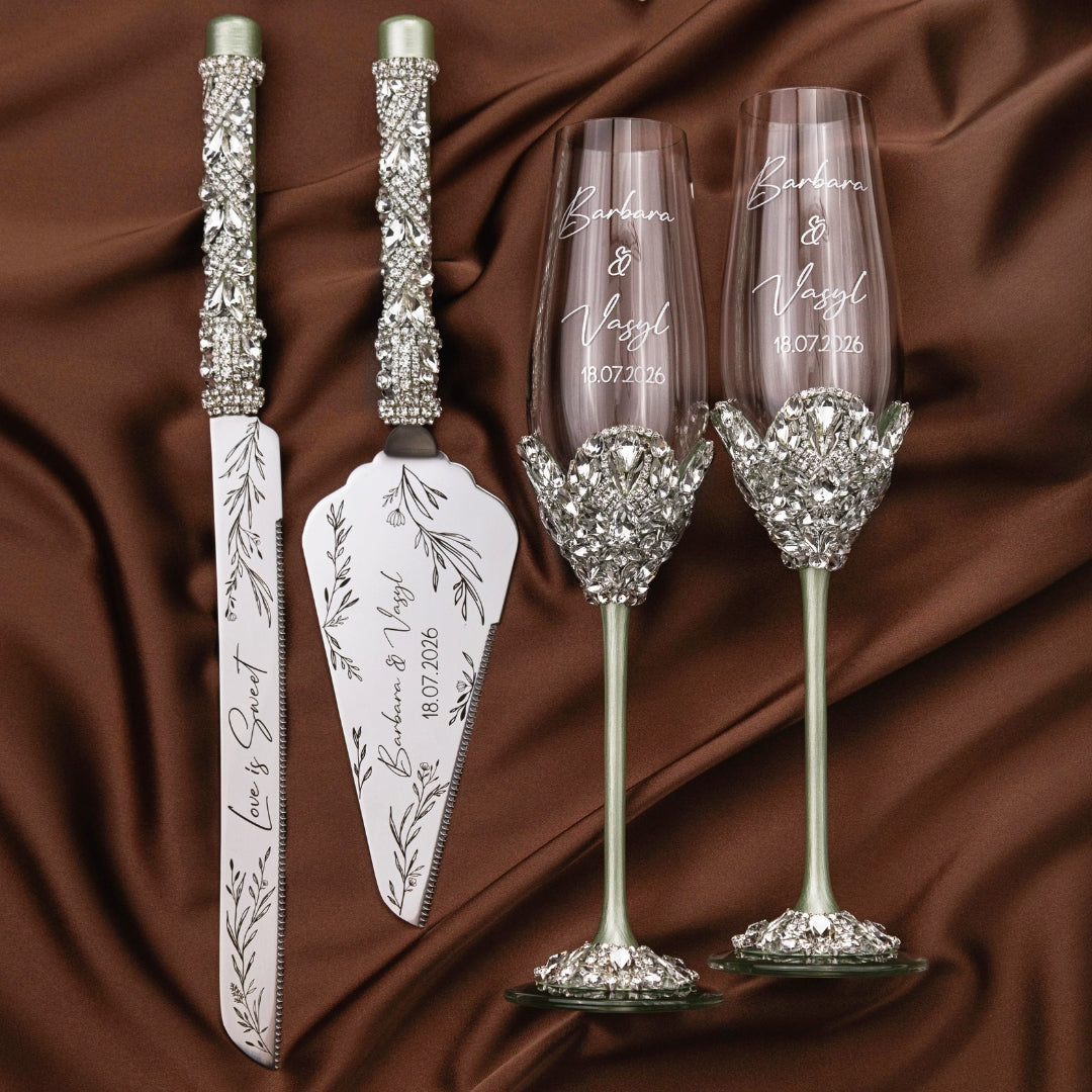 Blossom Eucalyptus Wedding Glasses & Cake Server Set