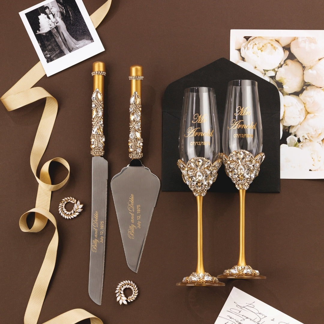 Blossom Gold Wedding Glasses & Cake Cutting Set