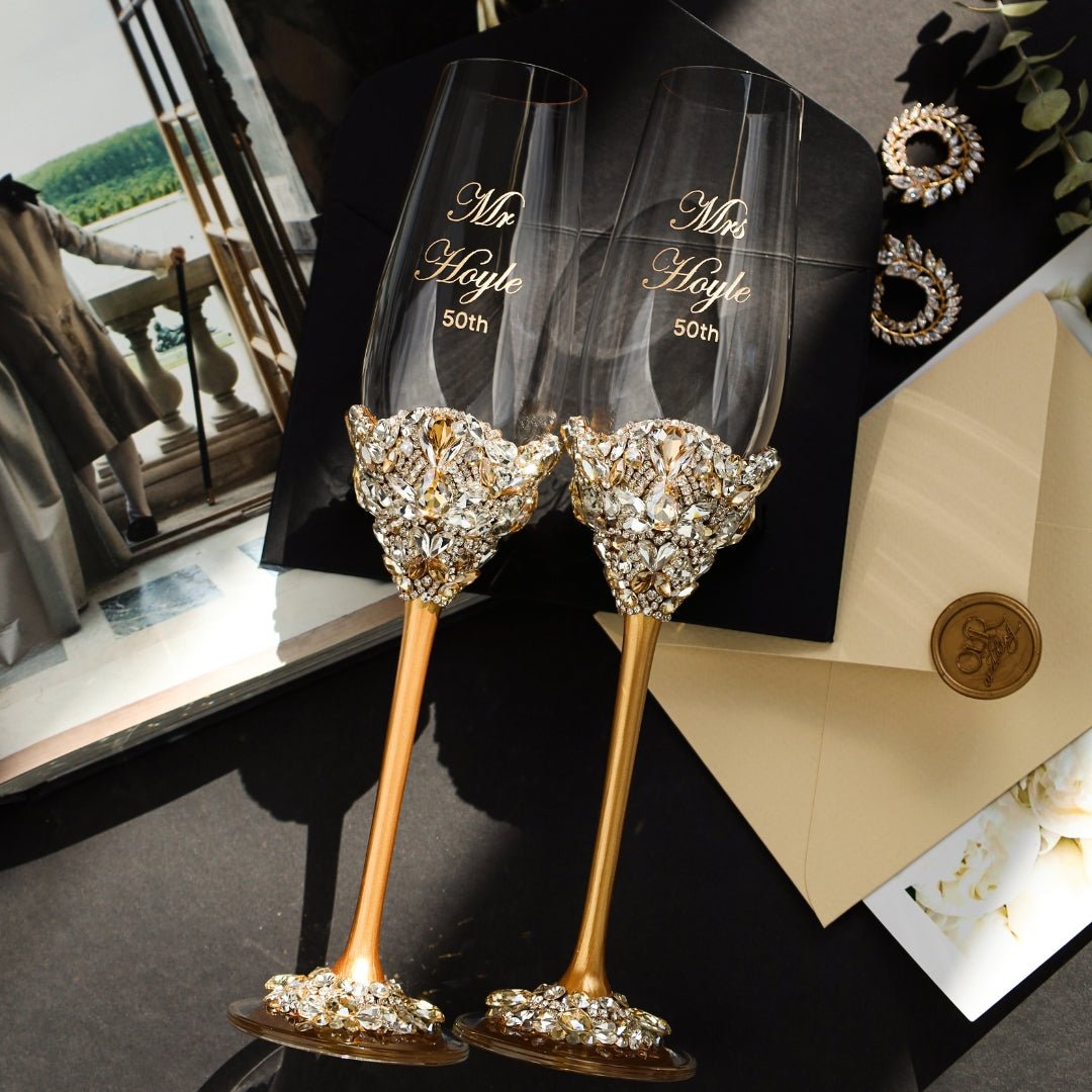50th Anniversary Blossom Gold Glasses & Cake Set - ELENA HONCH