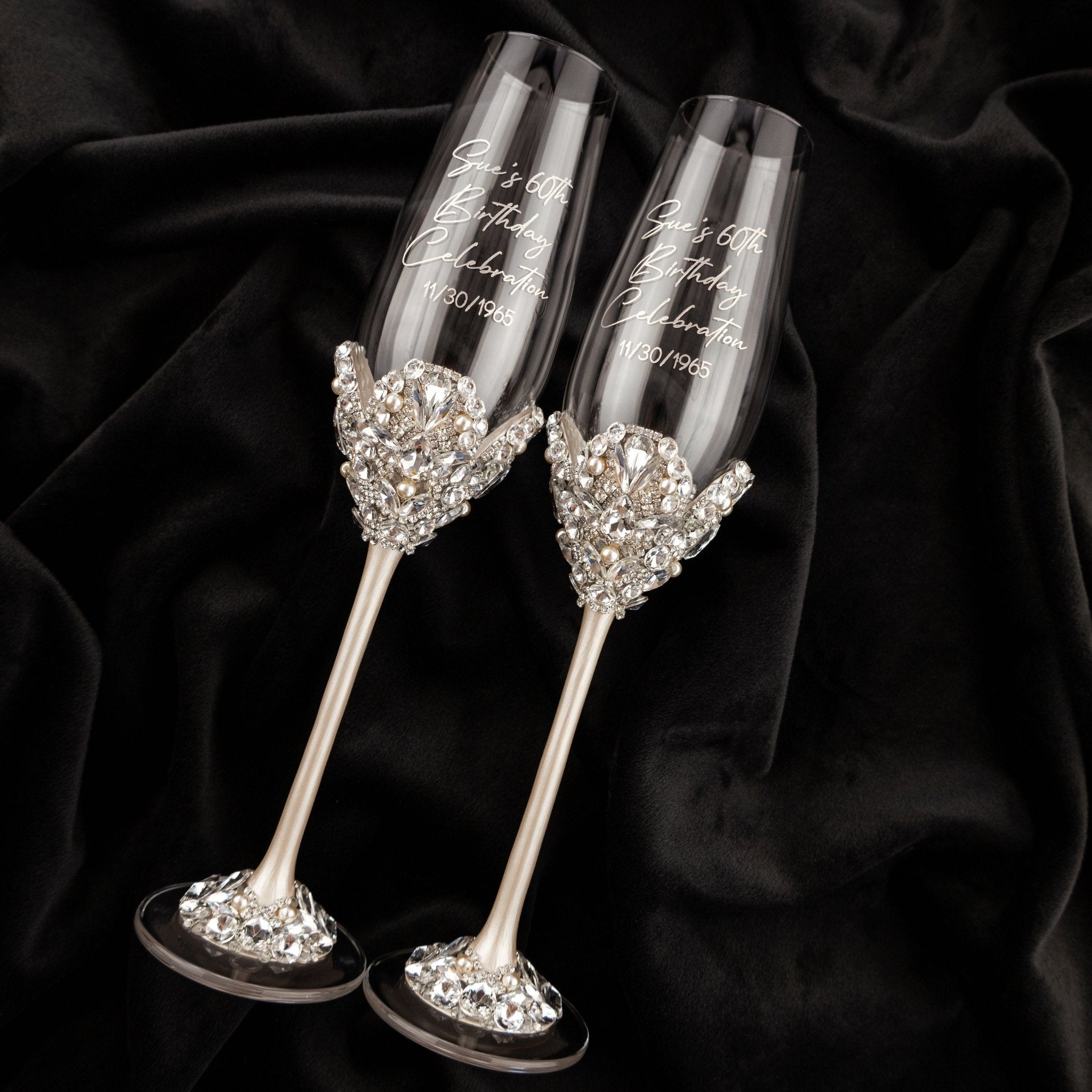 60th Anniversary Blossom Glasses & Cake Set Ivory With Pearls - ELENA HONCH