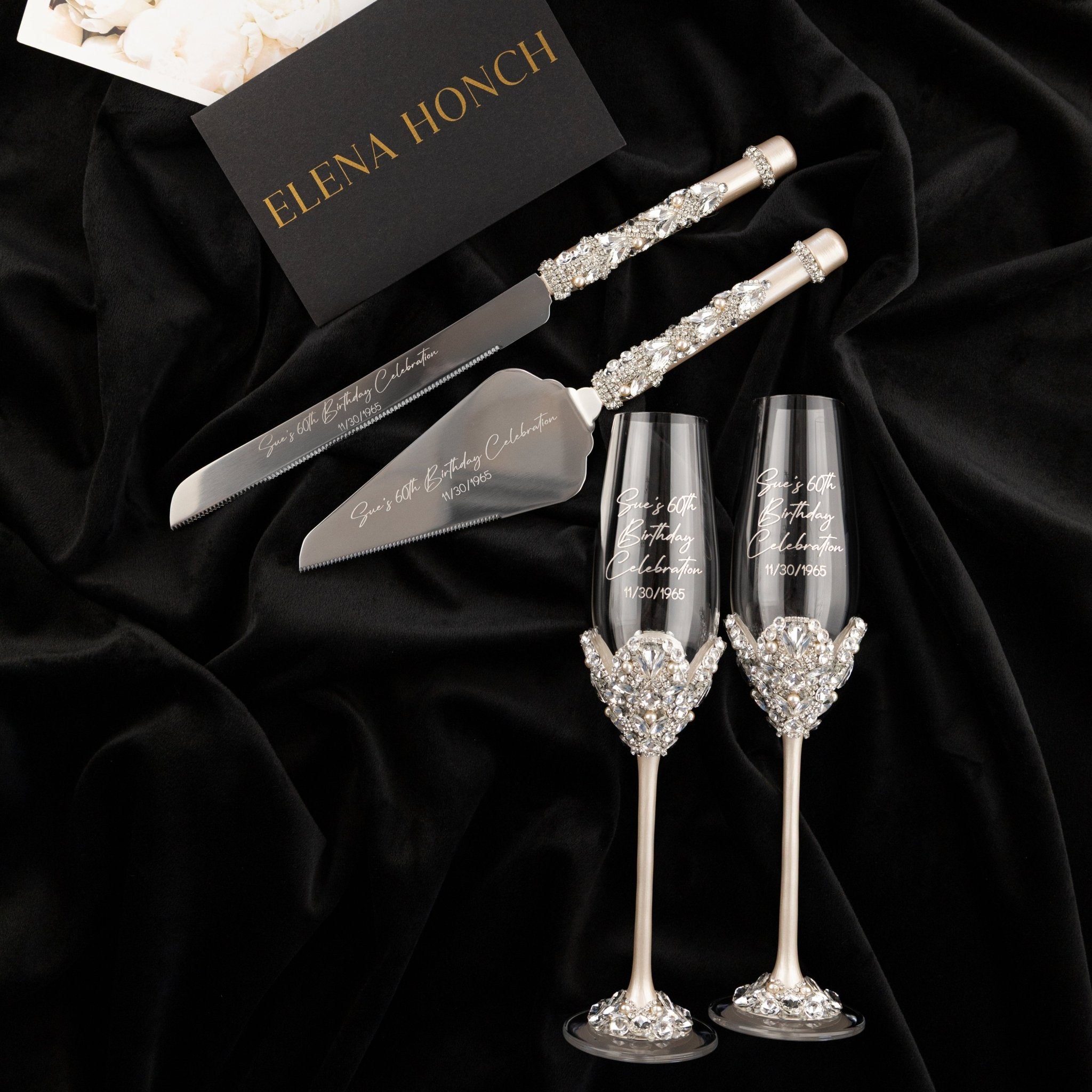 60th Anniversary Blossom Glasses & Cake Set Ivory With Pearls - ELENA HONCH