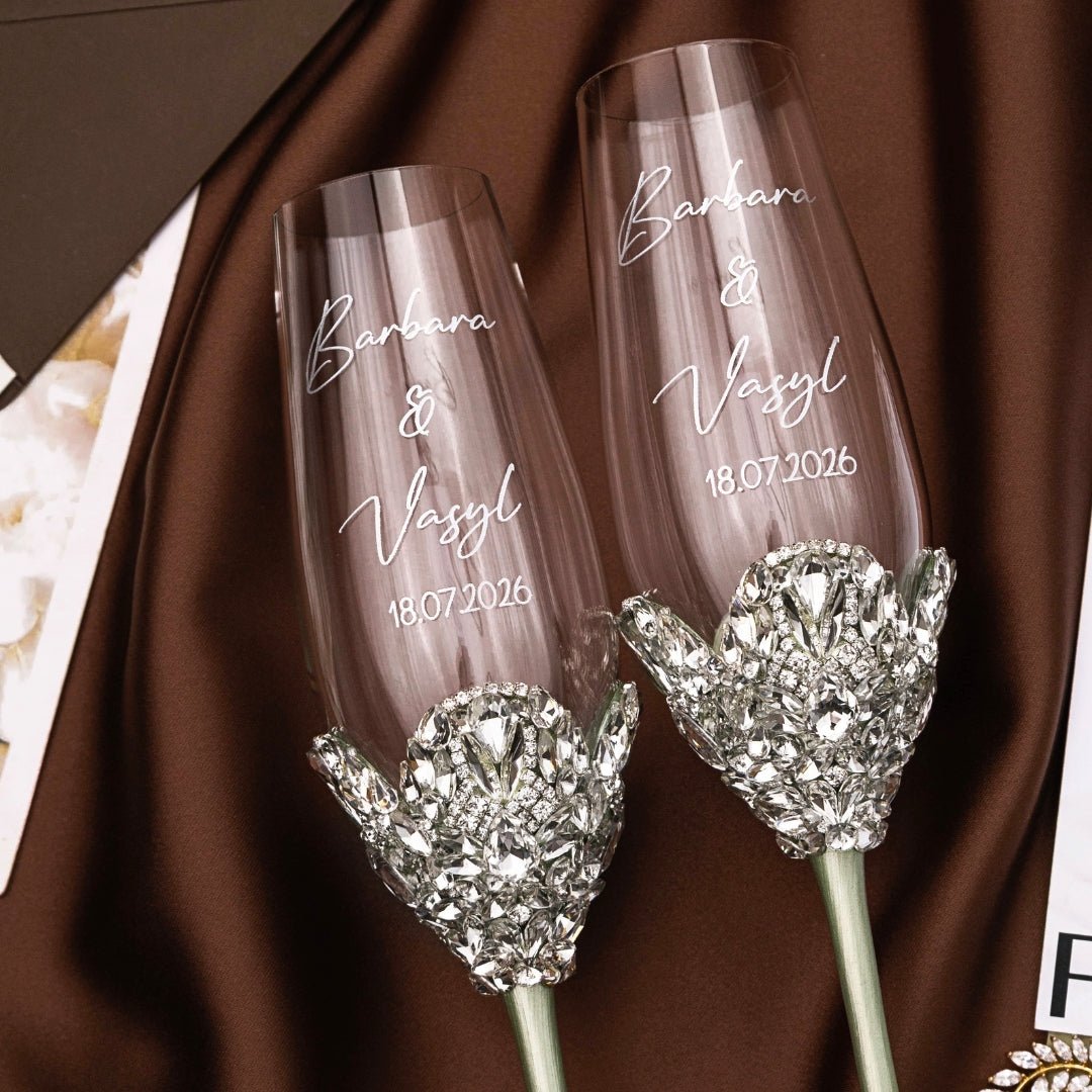 Blossom Eucalyptus Wedding Glasses & Cake Server Set - ELENA HONCH