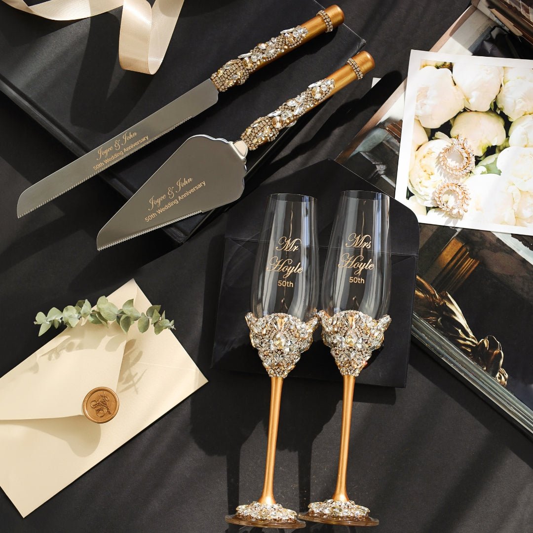 Wedding Glasses, Gold Wedding Flutes, Gold Cake server set, Golden Wedding cake cutting store set