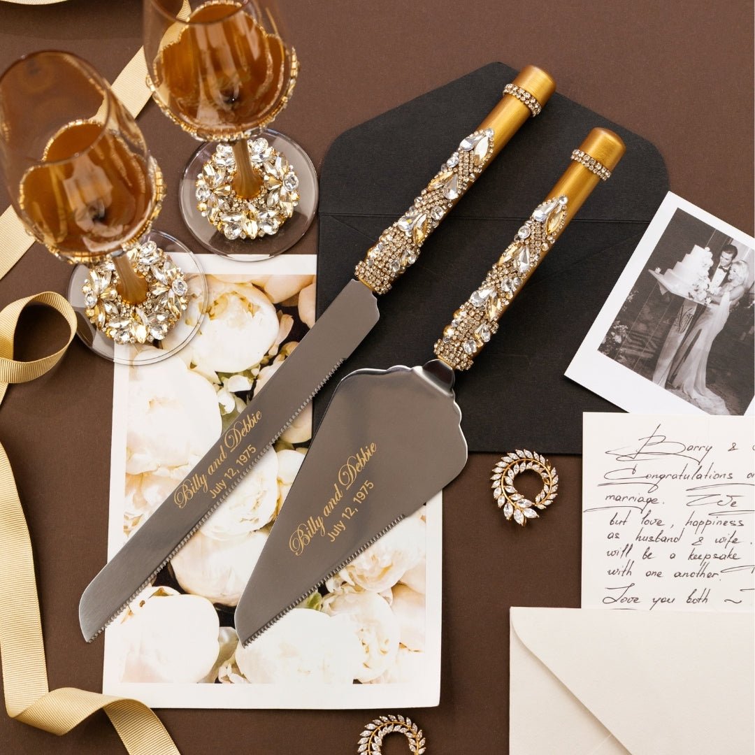 Blossom Gold Wedding Glasses & Cake Cutting Set - ELENA HONCH