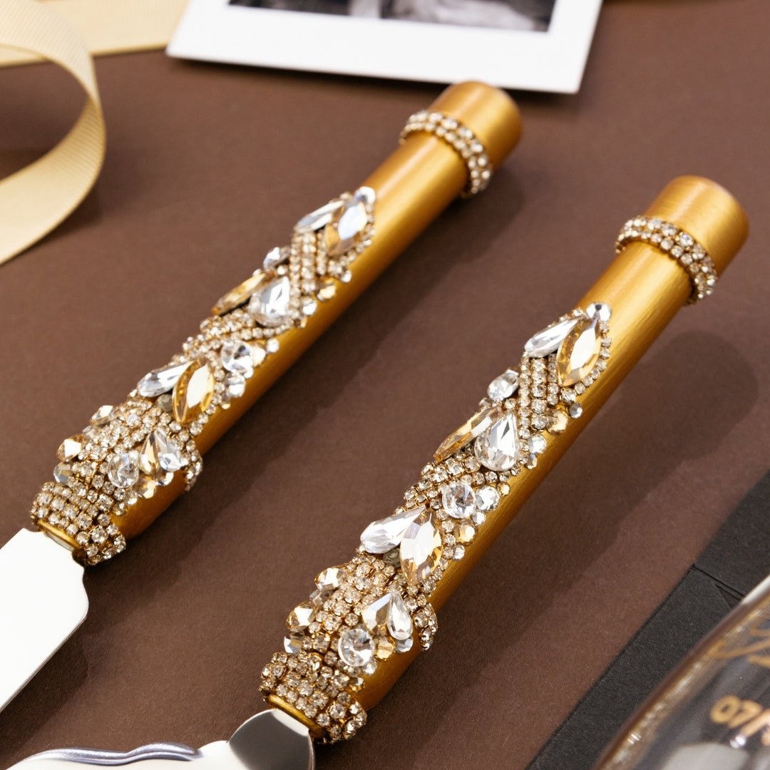 Blossom Gold Wedding Glasses & Cake Cutting Set - ELENA HONCH