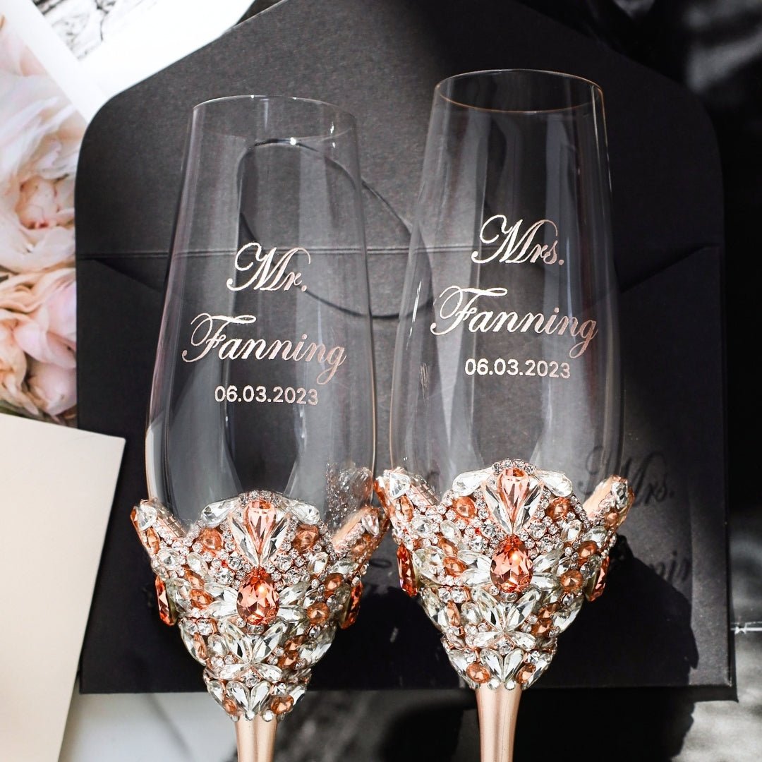 Blossom Rose & Gold Wedding Glasses with Cake Set - ELENA HONCH
