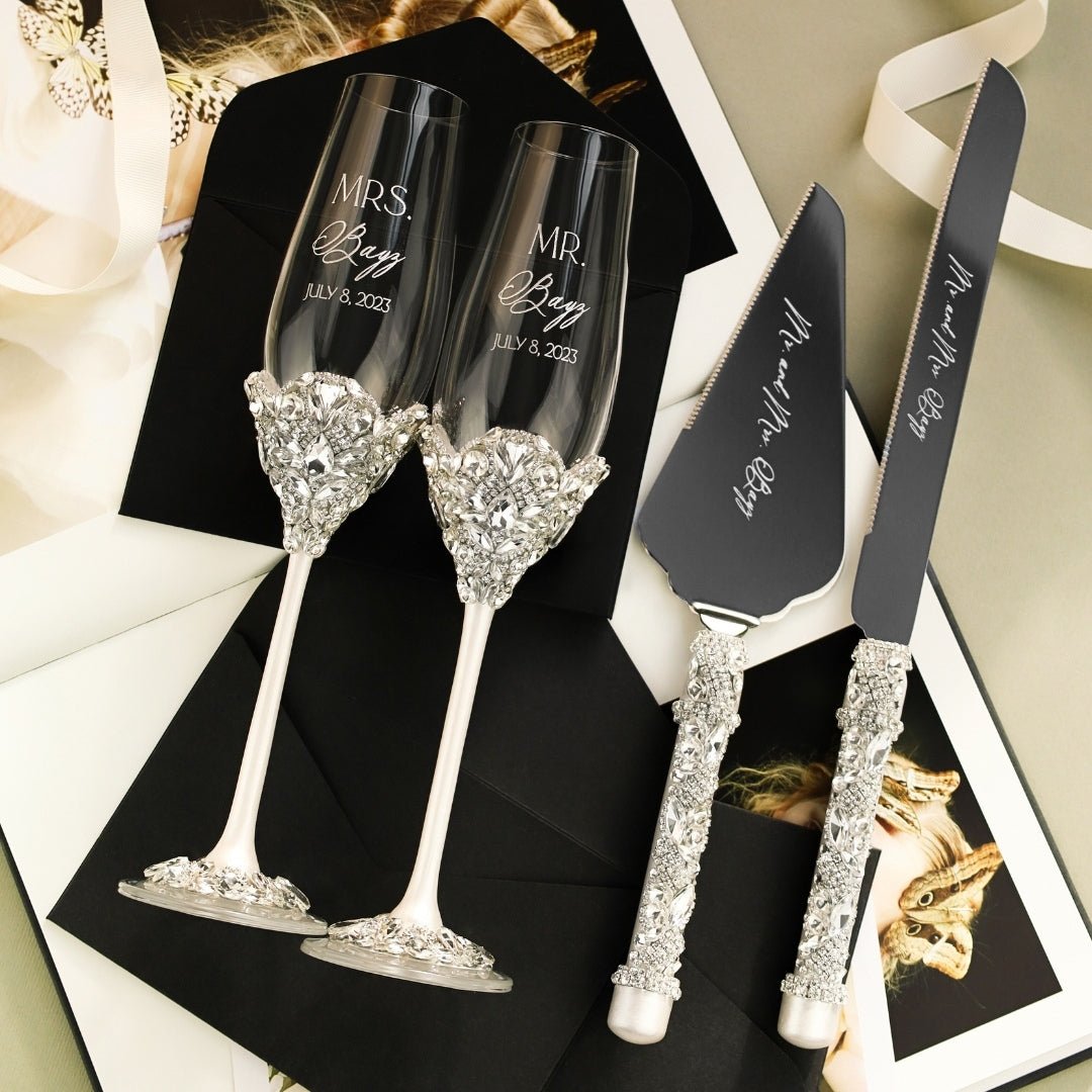 Blossom White Wedding Glasses & Cake Server Set - ELENA HONCH