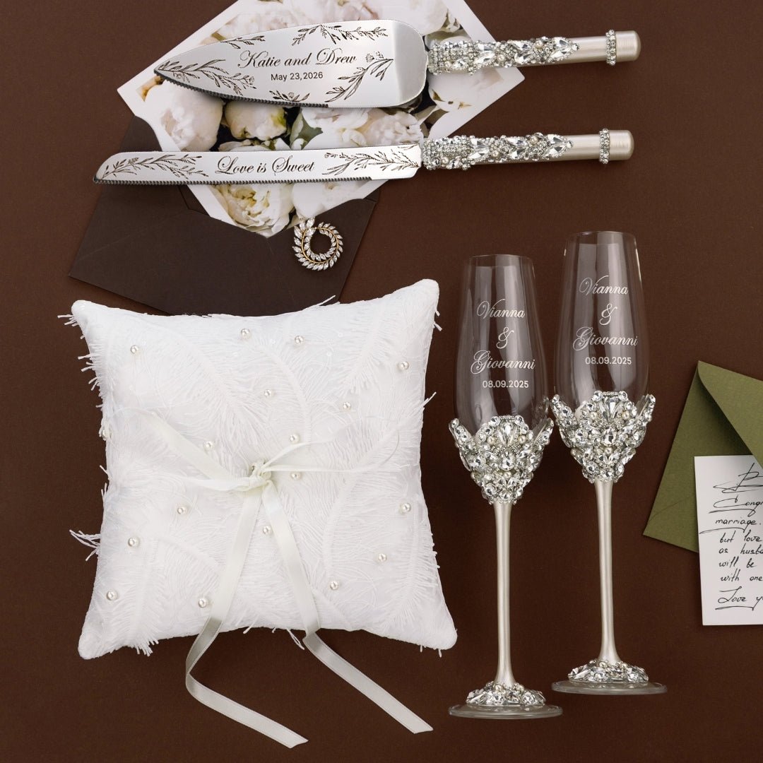 Glasses Blossom Ivory With Pearls & Cake Set With Pillow for Rings - ELENA HONCH