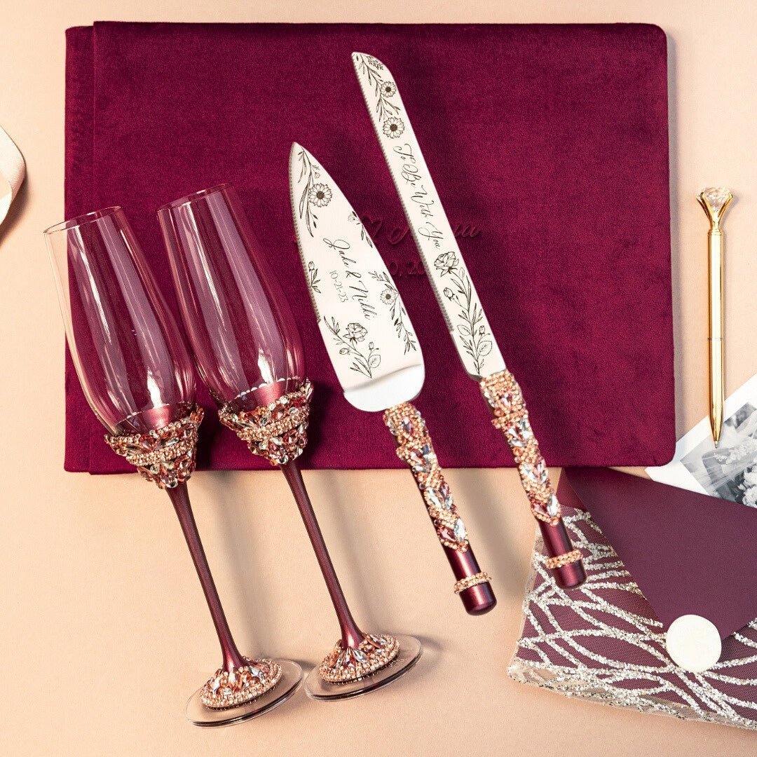 Ivy Flutes & Cake set in burgundy with guestbook - ELENA HONCH