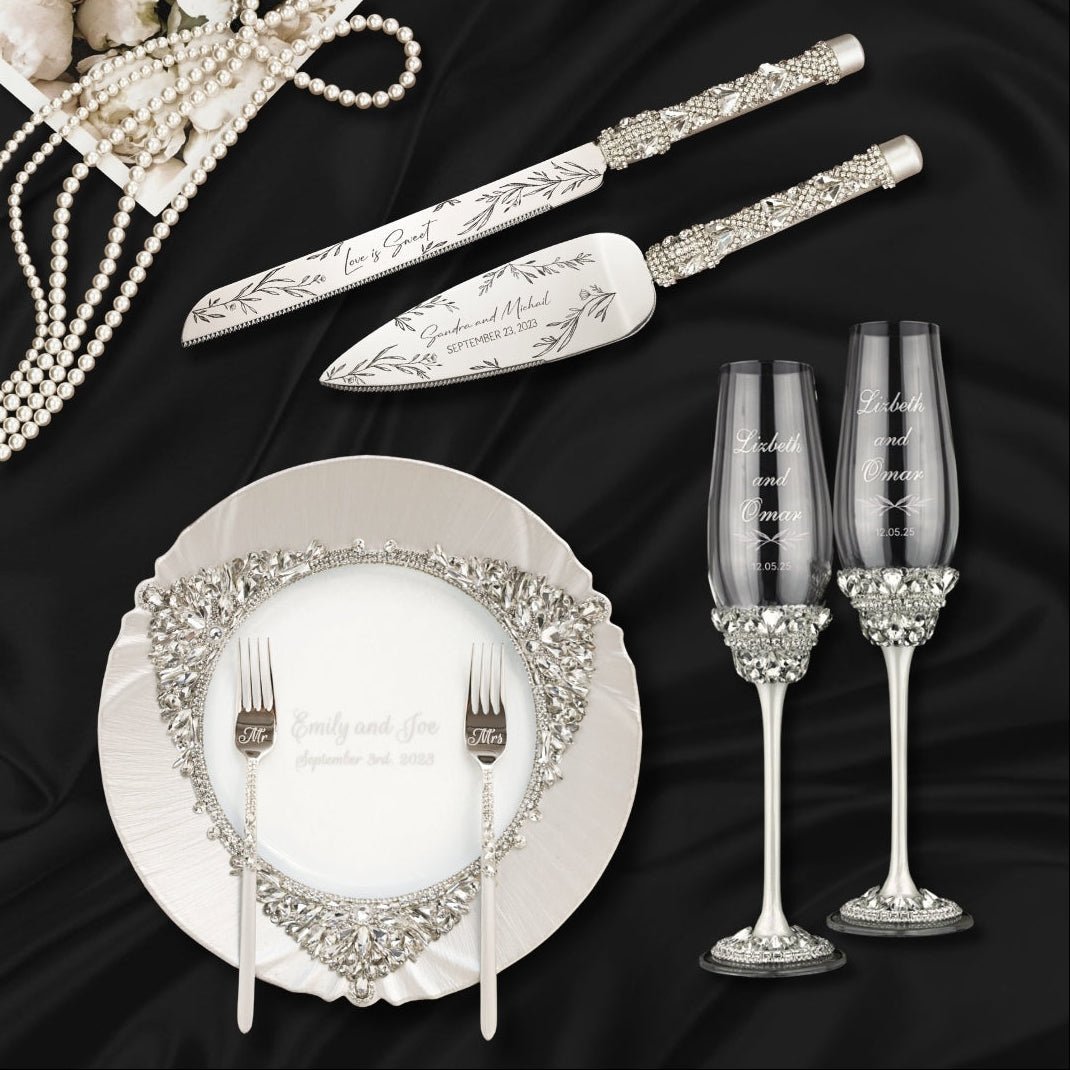 Personalized Crystal Flutes and Set for Cake Ivy White - ELENA HONCH