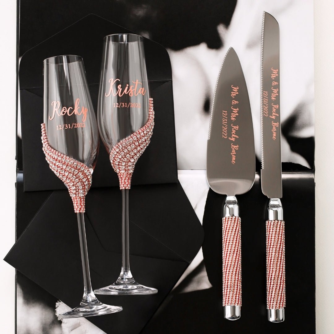 Personalized Flutes with Cake Set in Rose & Gold - ELENA HONCH