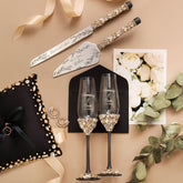 personalized wedding flutes & cake server set. personalized wedding champagne flutes and cake & sets. wedding flute set.