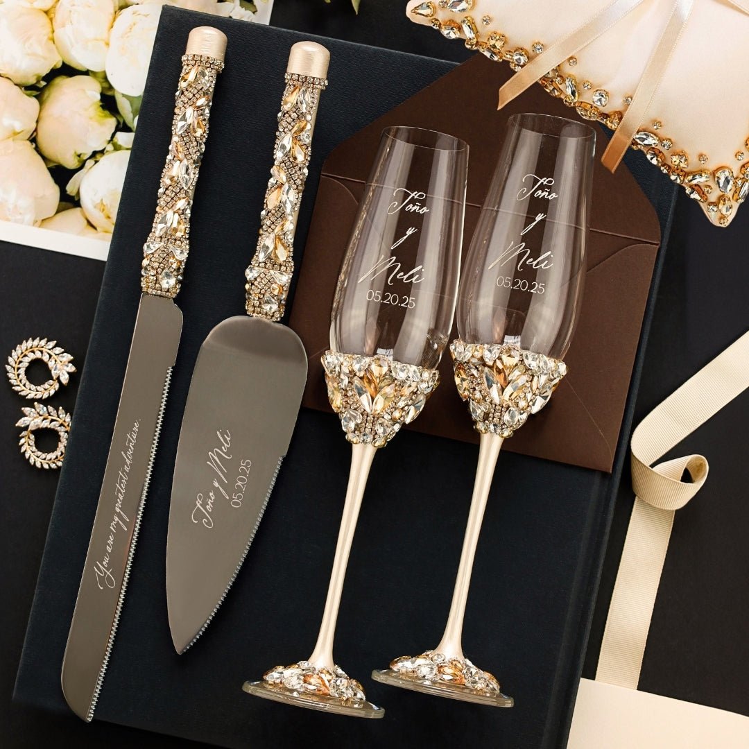 Ruta Ivory & Gold Flutes and Cake Set with Pillow for Rings - ELENA HONCH