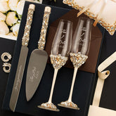 Ruta Ivory & Gold Flutes and Cake Set with Pillow for Rings - ELENA HONCH