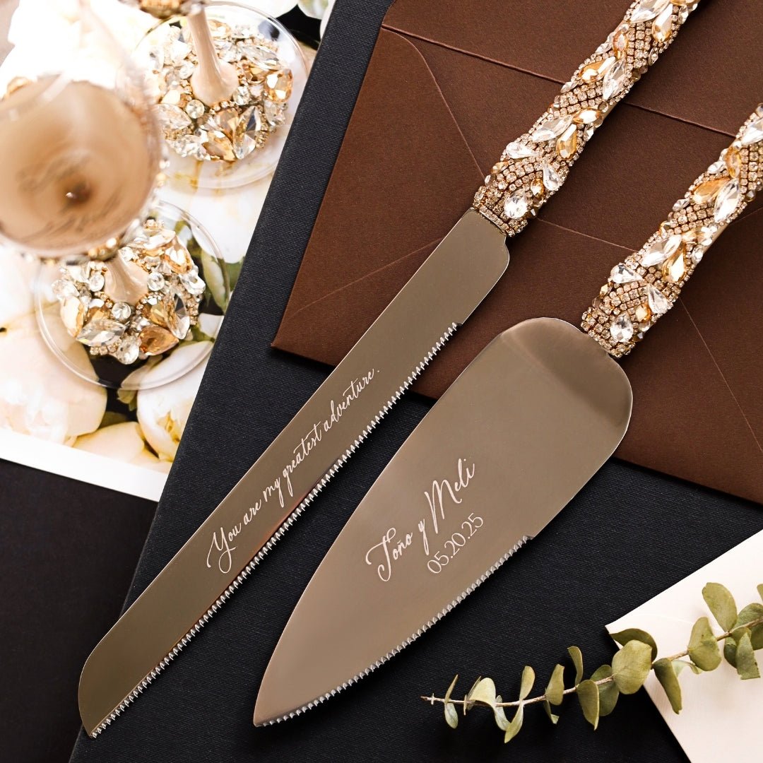 Ruta Ivory & Gold Flutes and Cake Set with Pillow for Rings - ELENA HONCH