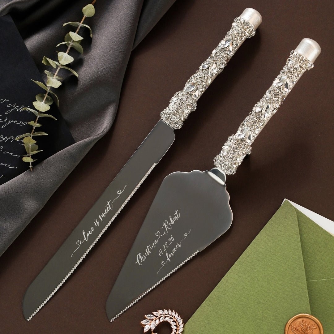 Ruta White Toasting Glasses & Cake Cutting Set - ELENA HONCH