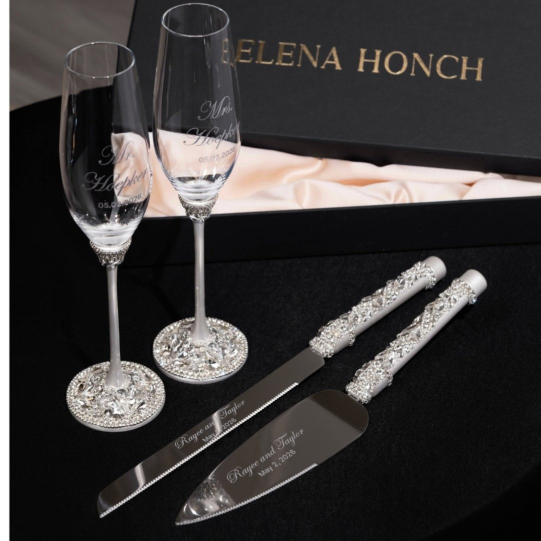 Wedding Flutes Avrora & Cake Cutting Set in White - ELENA HONCH