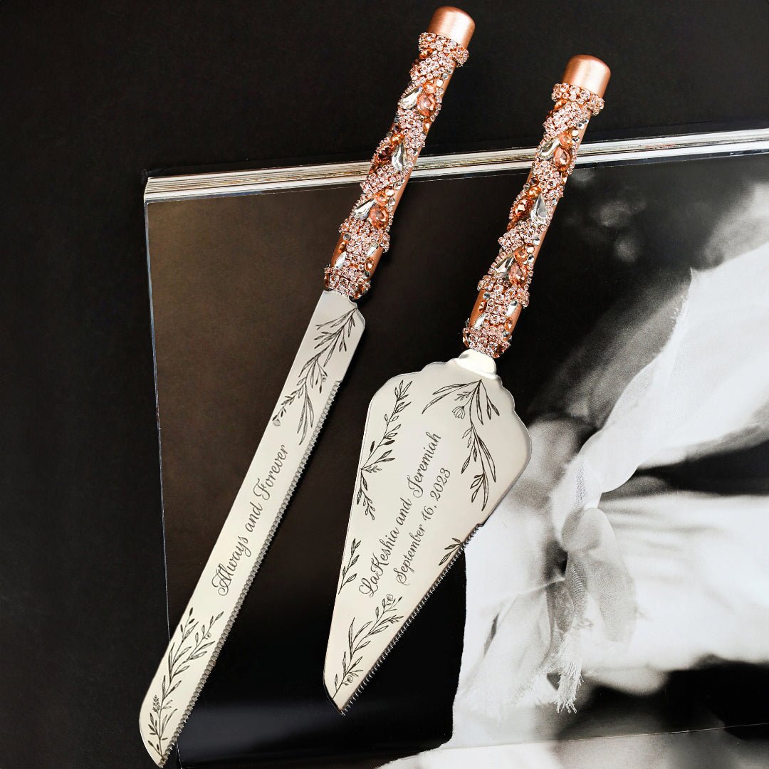 Wedding Flutes & Cake Set Avrora in Rose & Gold - ELENA HONCH