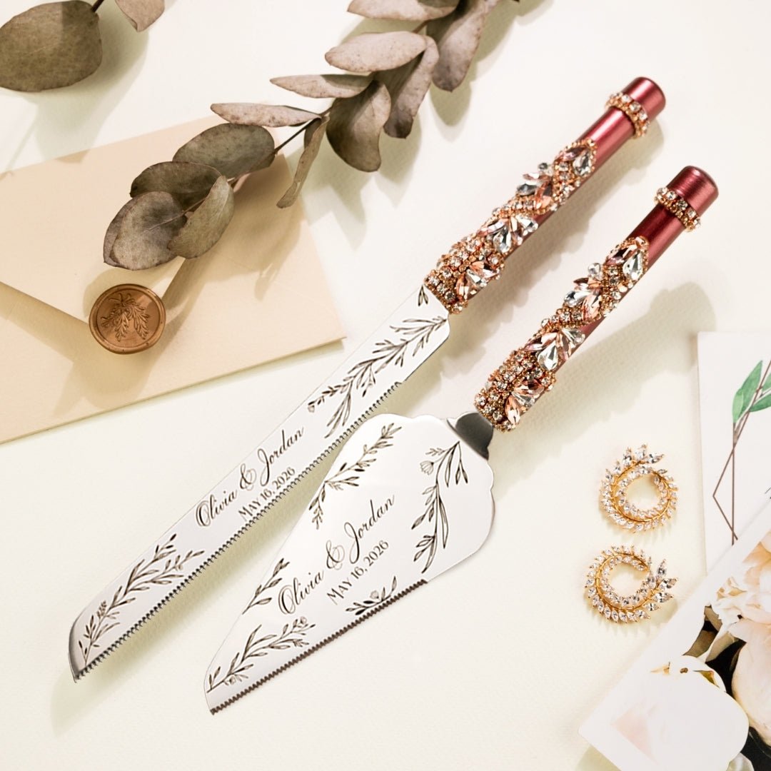 Wedding Flutes & Cake set Ivy in Burgundy - ELENA HONCH