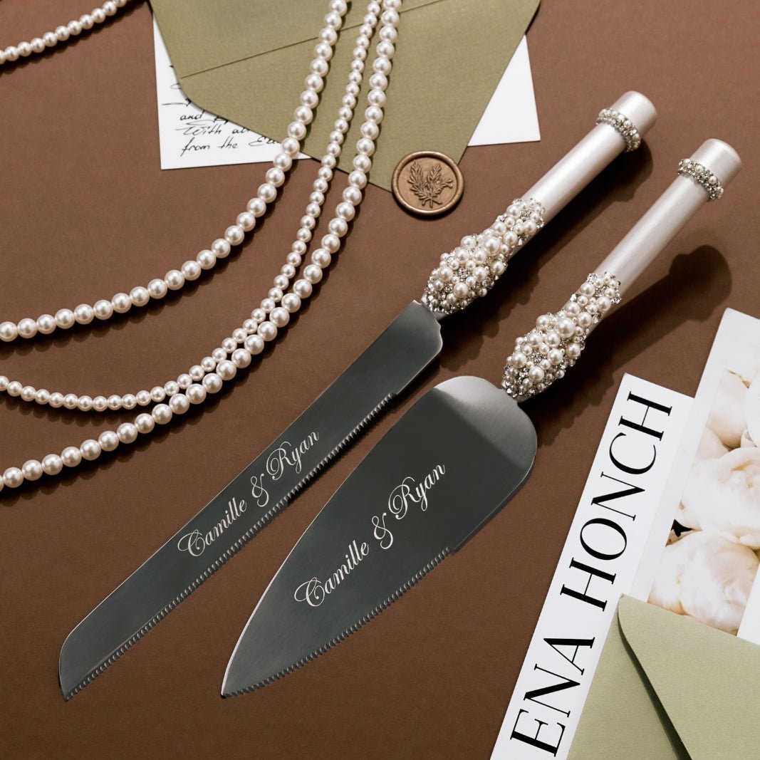 Wedding Flutes & Cake Set Lily Ivory With Pearls - ELENA HONCH