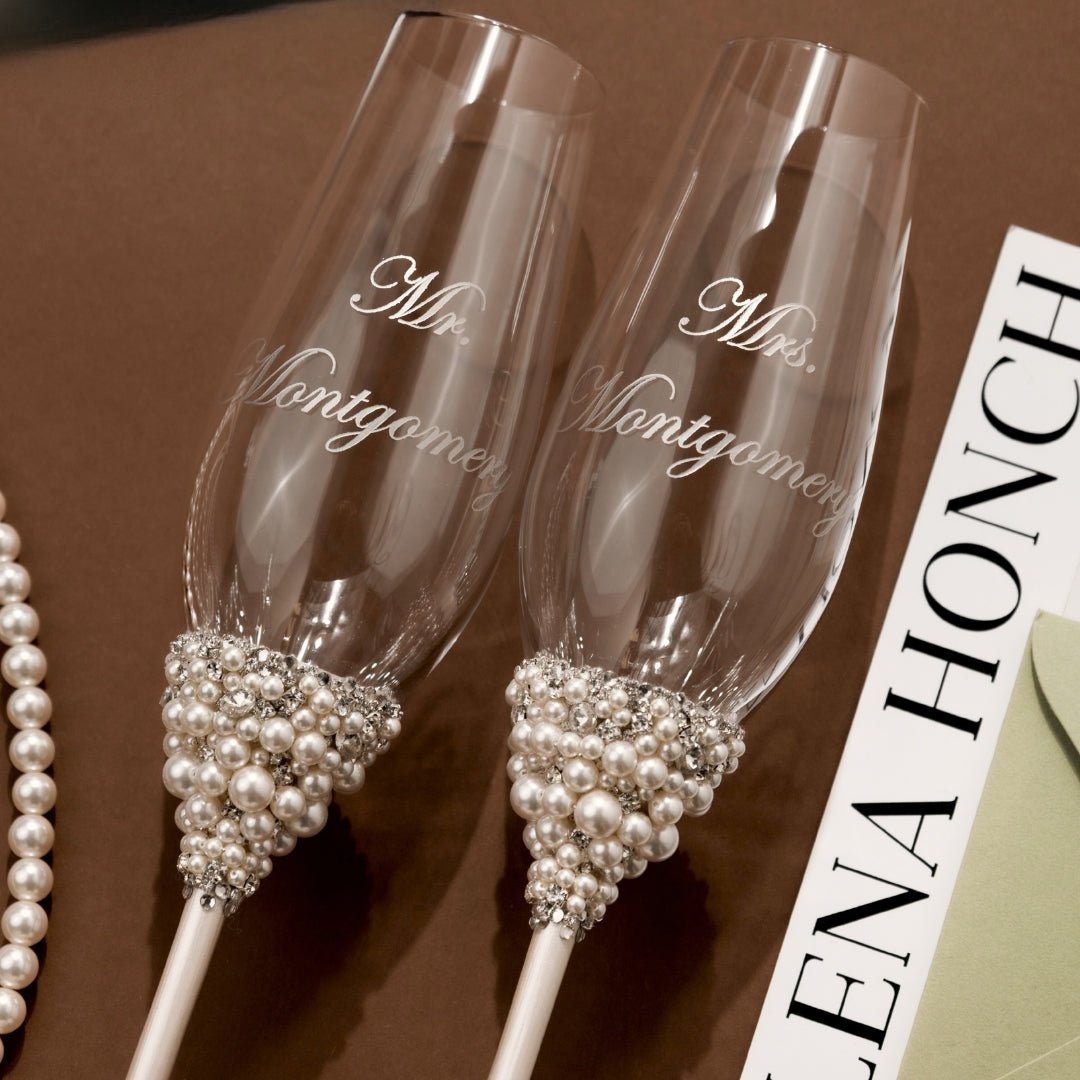 Wedding Flutes & Cake Set Lily Ivory With Pearls - ELENA HONCH