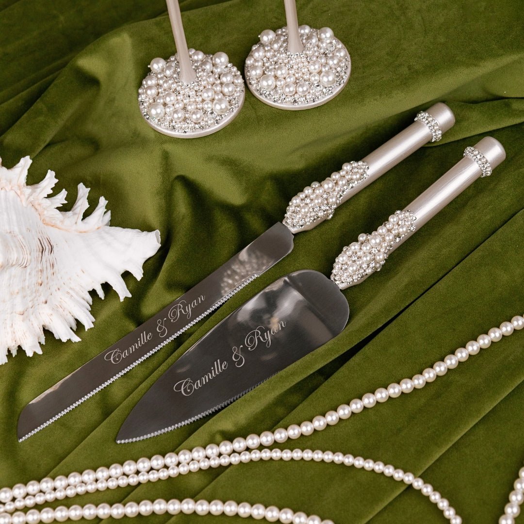 Wedding Flutes & Cake Set Lily Ivory With Pearls - ELENA HONCH