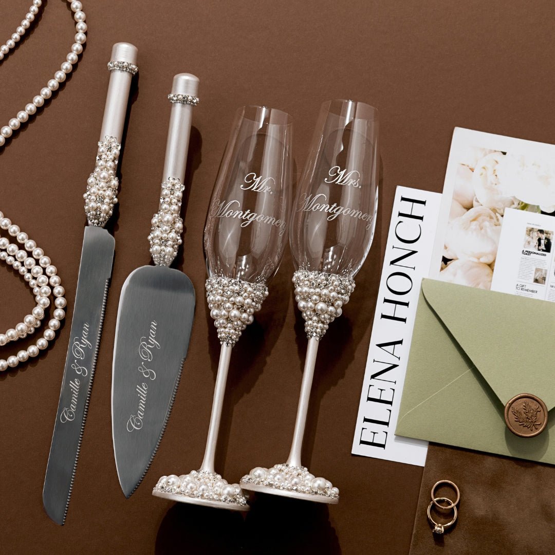 Wedding Flutes & Cake Set Lily Ivory With Pearls - ELENA HONCH