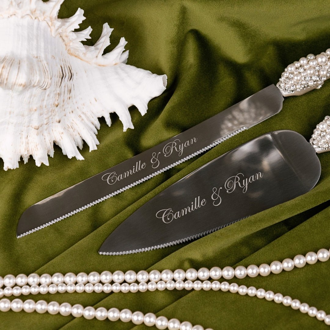 Wedding Flutes & Cake Set Lily Ivory With Pearls - ELENA HONCH