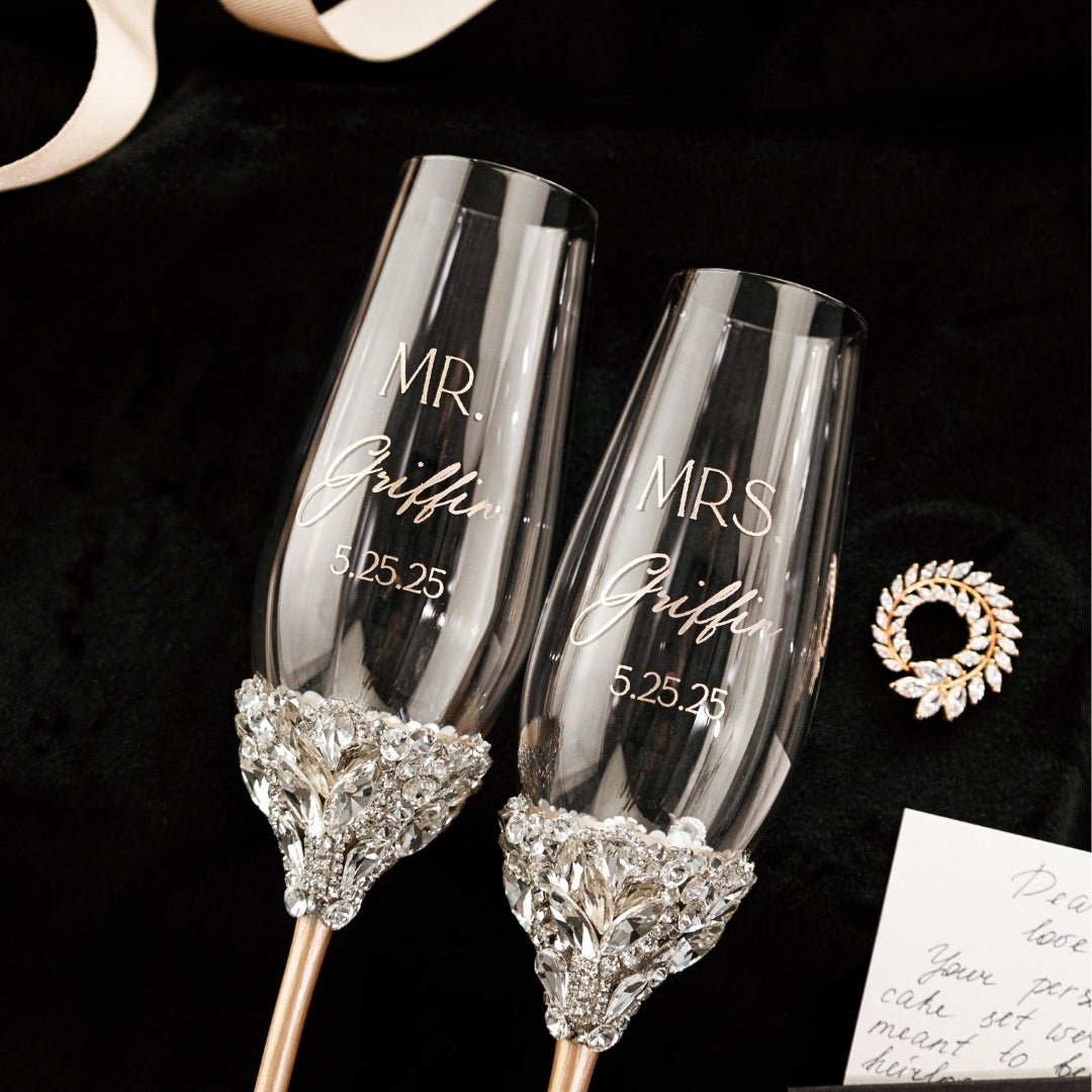 Wedding Flutes Ruta & Cake Set in Champagne color - ELENA HONCH