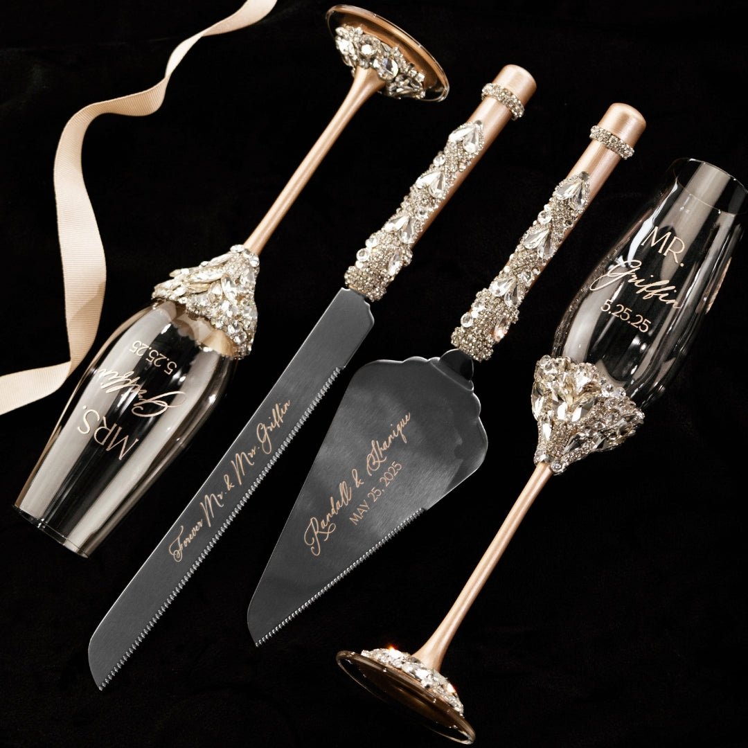 Wedding Flutes Ruta & Cake Set in Champagne color - ELENA HONCH