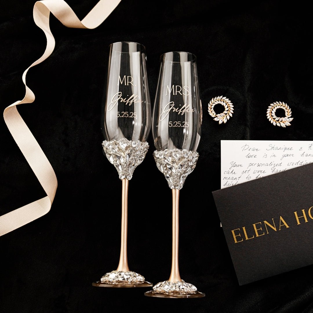 Wedding Flutes Ruta & Cake Set in Champagne color - ELENA HONCH