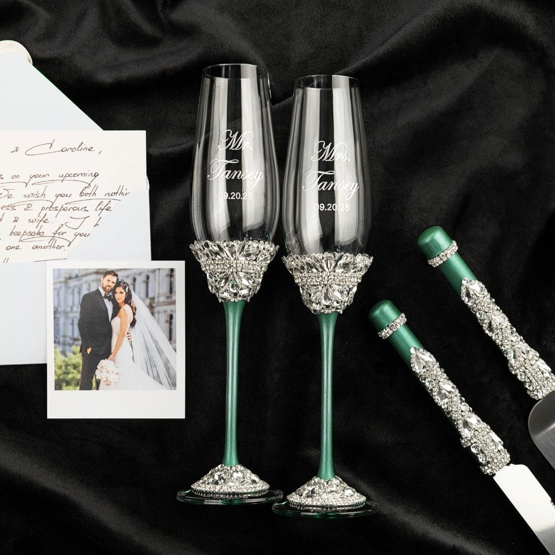 Wedding Flutes & Set for Cake in Emerald color - ELENA HONCH