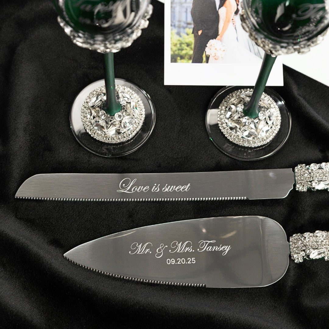 Wedding Flutes & Set for Cake in Emerald color - ELENA HONCH