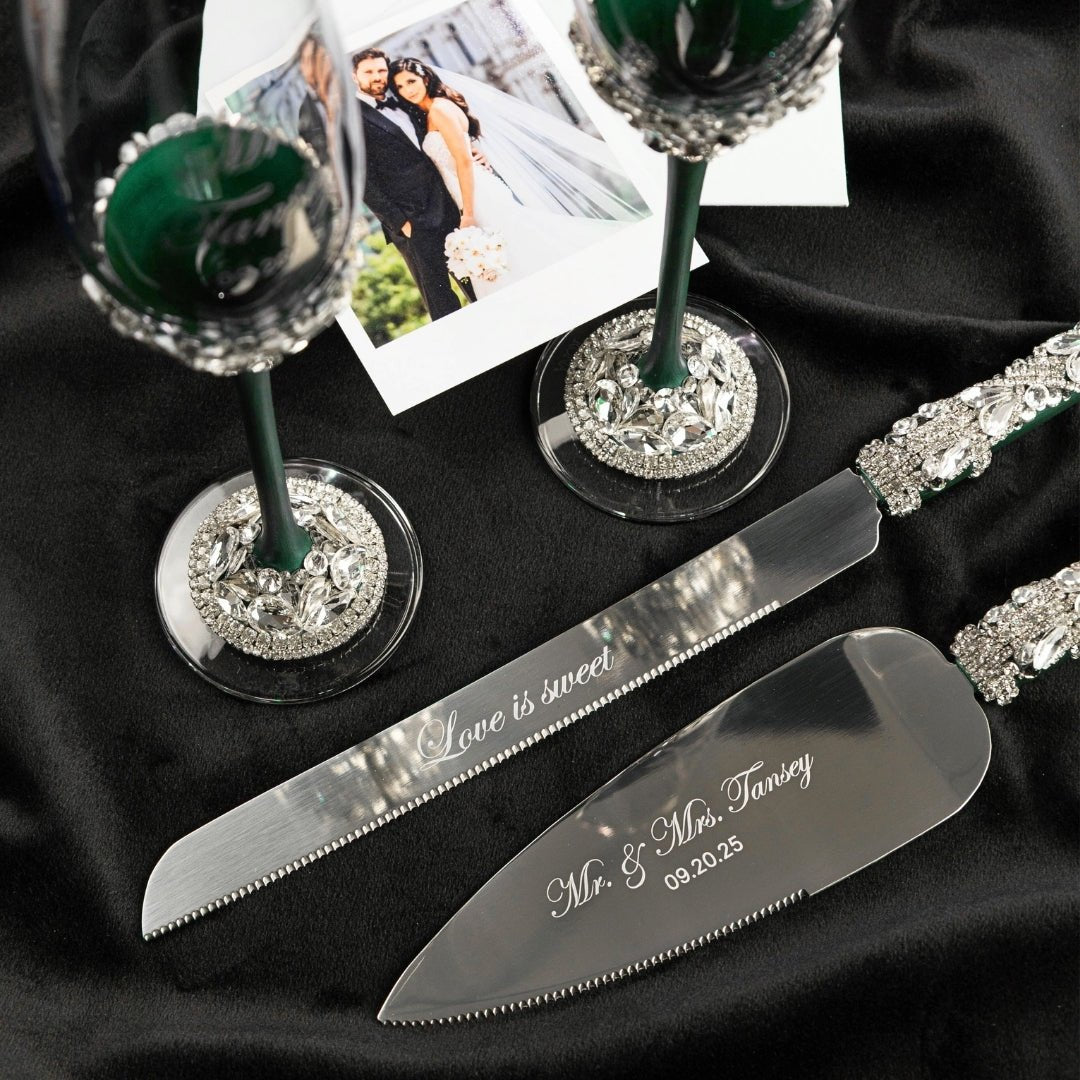 Wedding Flutes & Set for Cake in Emerald color - ELENA HONCH