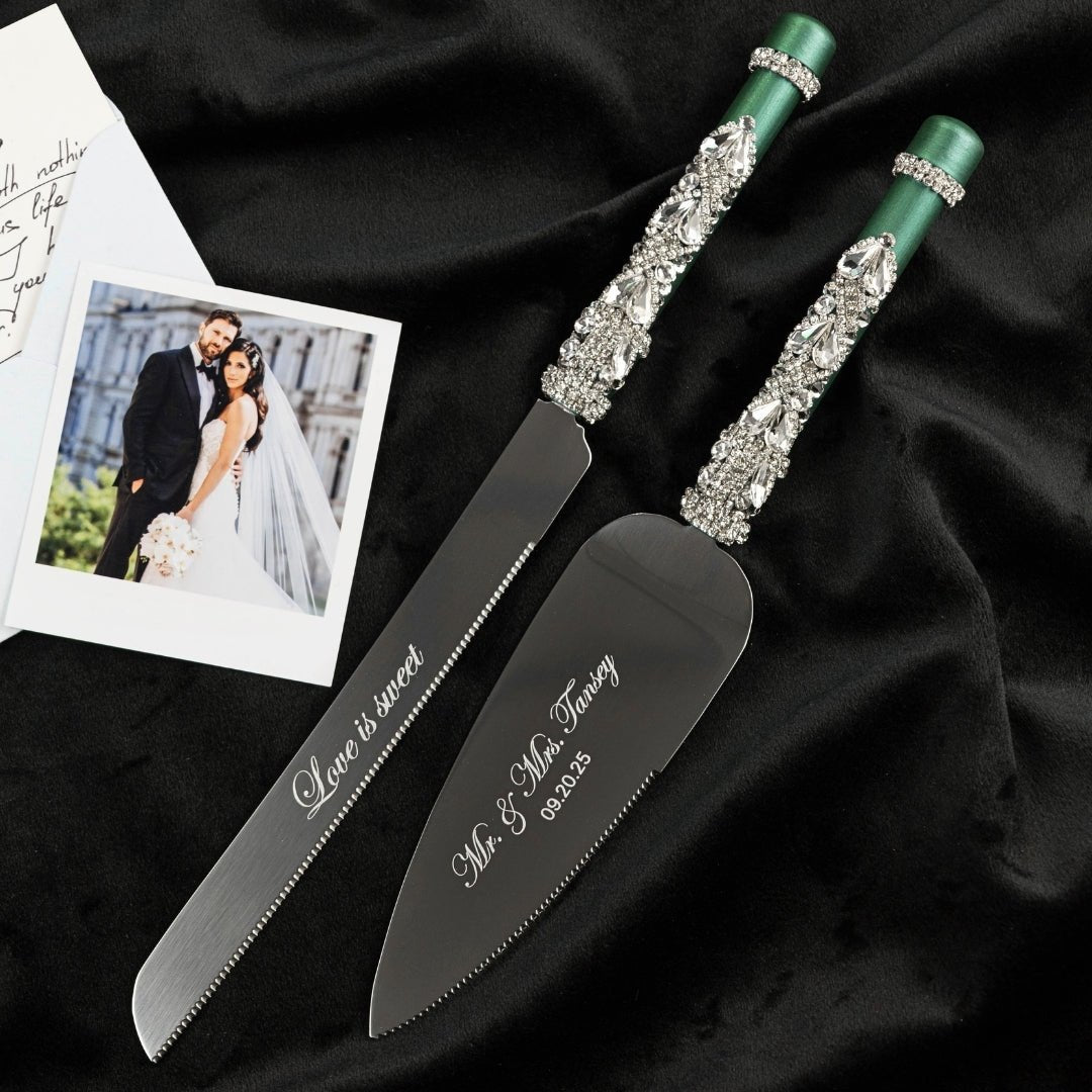 Wedding Flutes & Set for Cake in Emerald color - ELENA HONCH