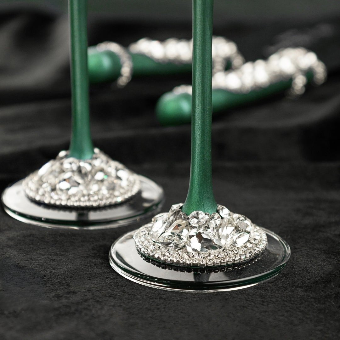 Wedding Flutes & Set for Cake in Emerald color - ELENA HONCH