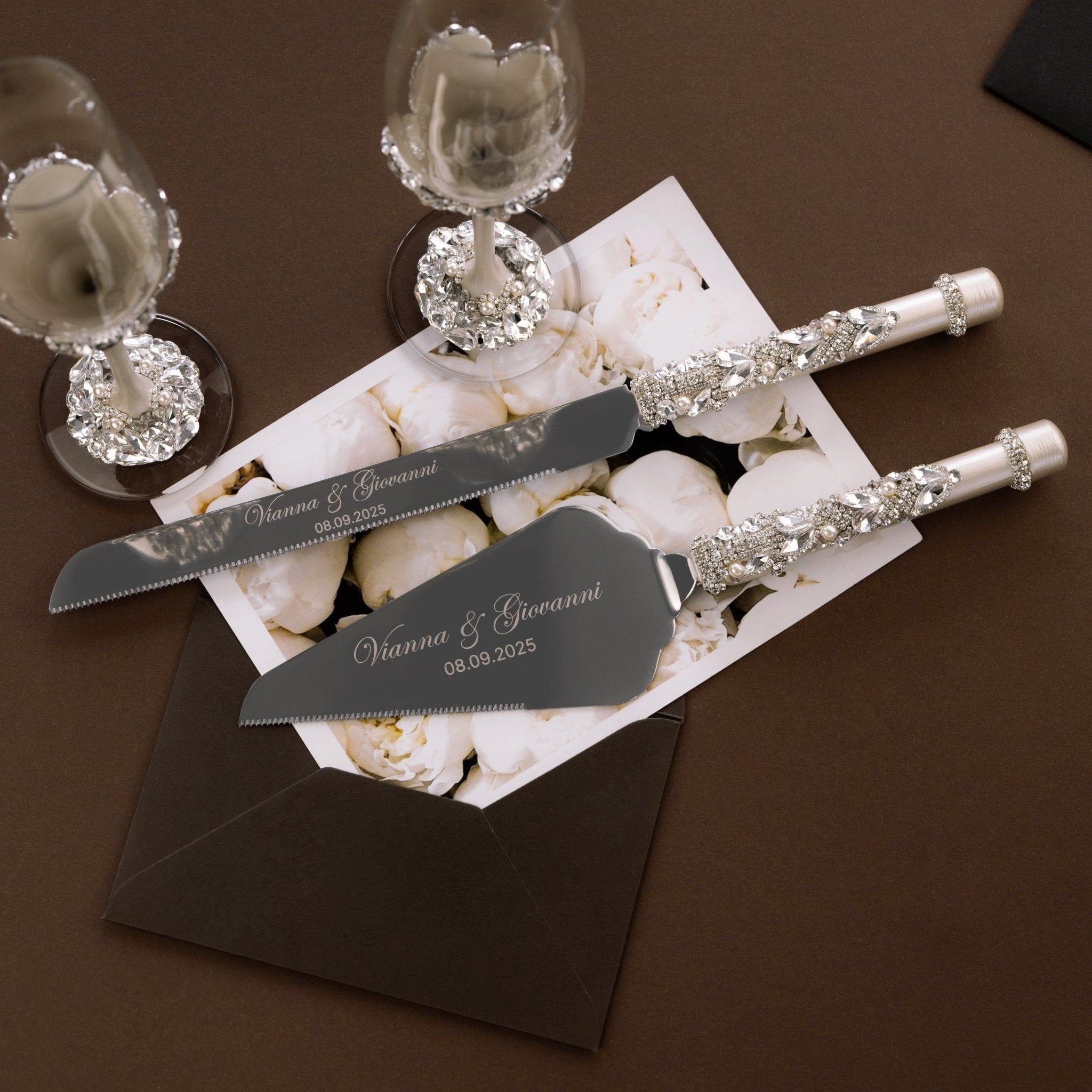 Wedding Glasses Blossom Ivory With Pearls & Cake Set With Pillow for Rings - ELENA HONCH
