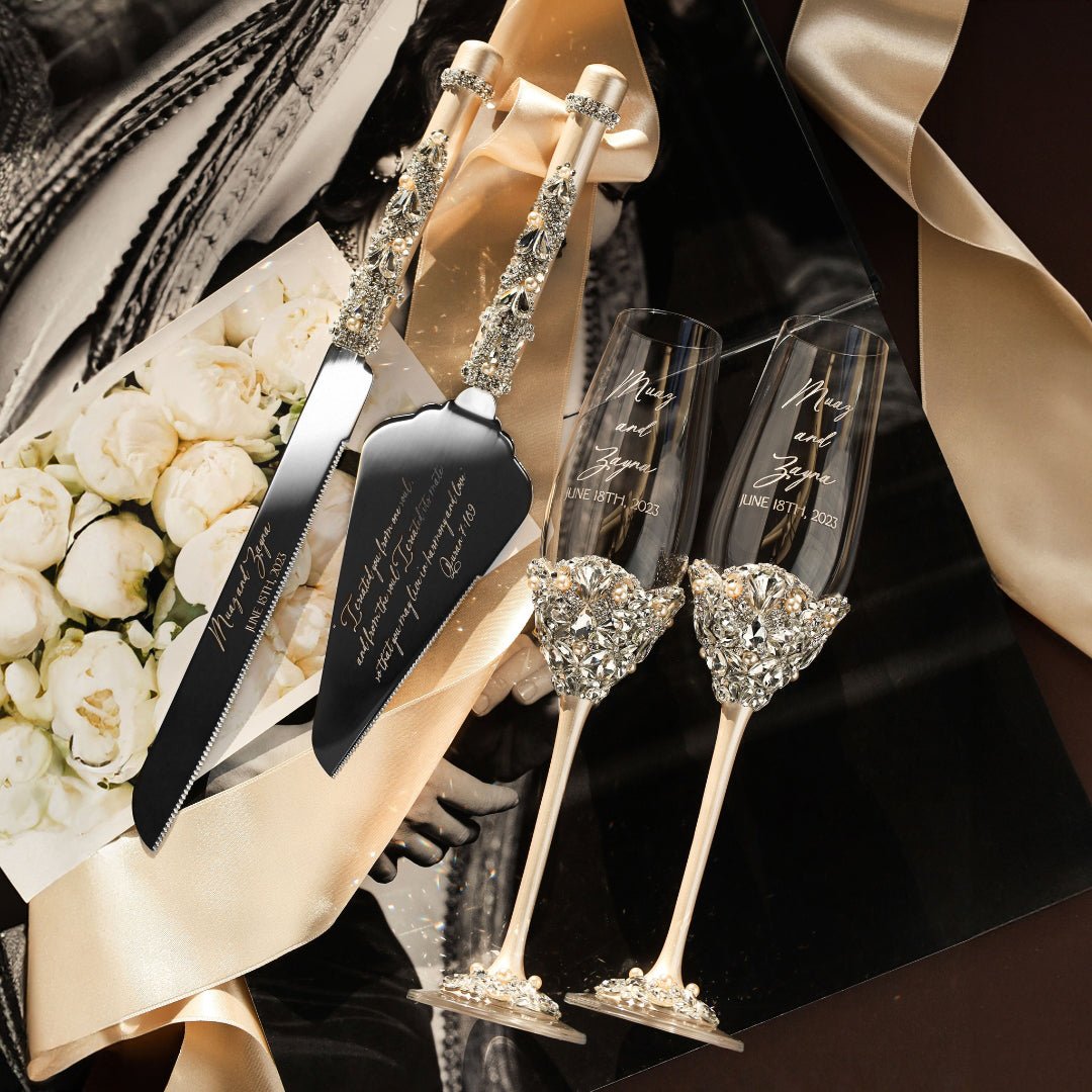 Wedding Glasses & Cake Set Blossom Ivory With Pearls - ELENA HONCH