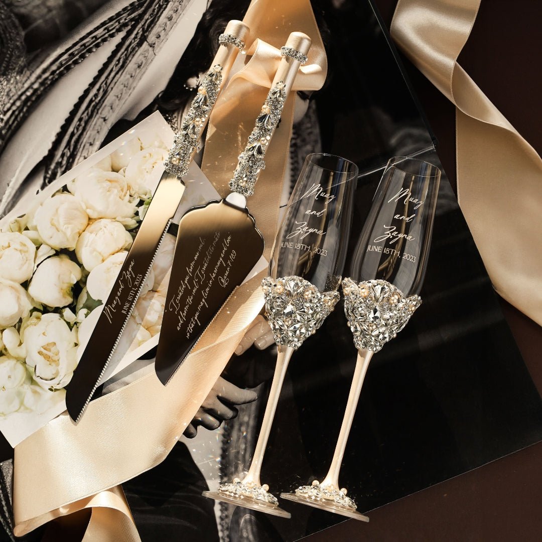 Wedding Glasses & Cake Set Blossom Ivory With Pearls - ELENA HONCH