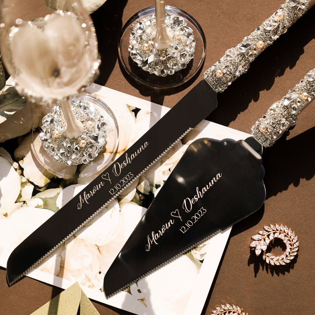 Wedding Glasses & Cake Set Blossom Ivory With Pearls - ELENA HONCH