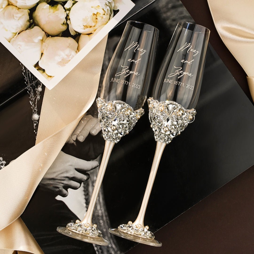 Wedding Glasses & Cake Set Blossom Ivory With Pearls - ELENA HONCH