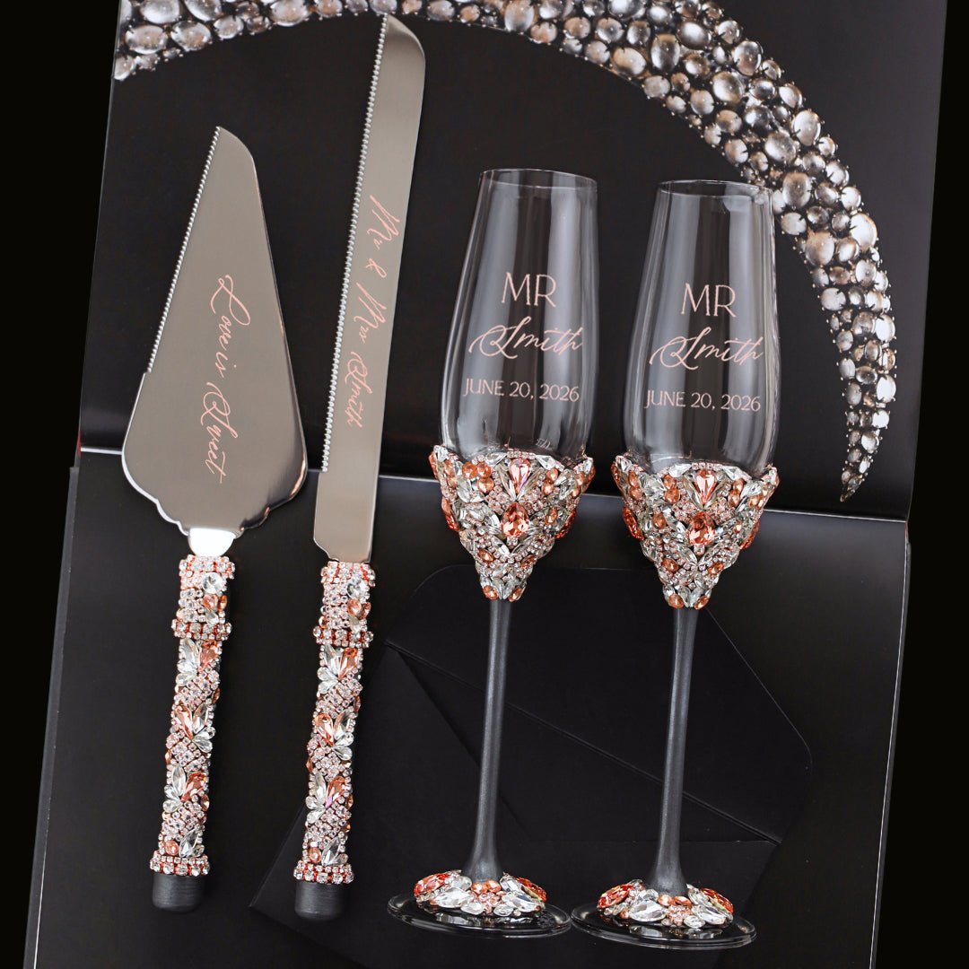 Wedding Glasses with Cake Set Blossom Black & Rose - ELENA HONCH