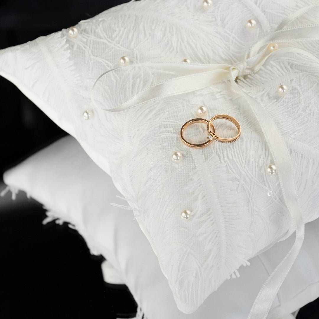 White Wedding Pillow For Rings With Ivory Pearls - ELENA HONCH