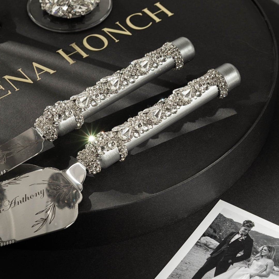 10th Wedding Anniversary Ruta Silver flutes &amp; Cake set - ELENA HONCH