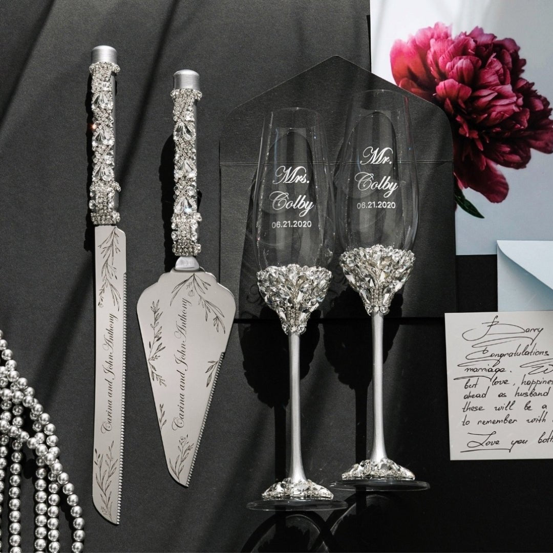 10th Wedding Anniversary Ruta Silver flutes & Cake set - ELENA HONCH