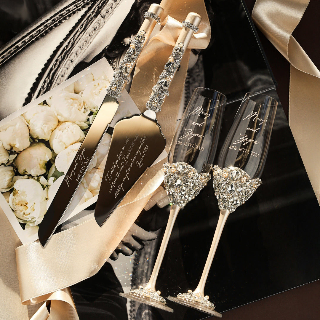 Wedding Glasses &amp; Cake Set Blossom Ivory With Pearls