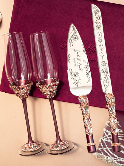 Ivy Flutes &amp; Cake set in burgundy with guestbook